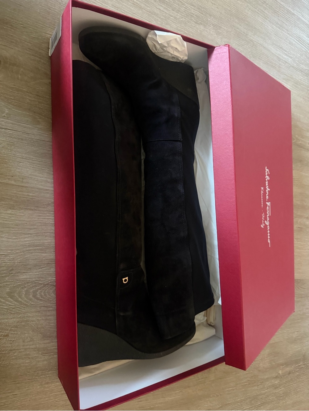 Salvatore Ferragamo Black Suede Knee-High Wedge Boots with Logo Accent
